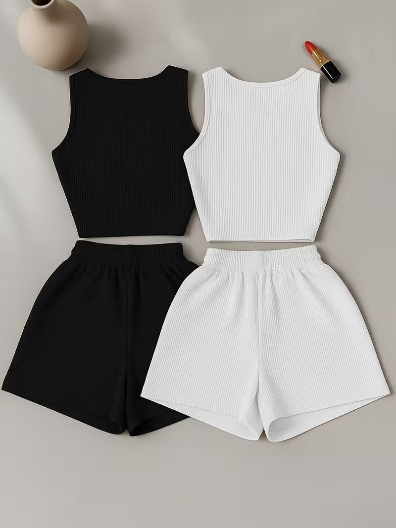 Low-saturation Brown and White Ribbed Sleeveless Crop Top with Drawstring Shorts, Casual 2pcs Set.