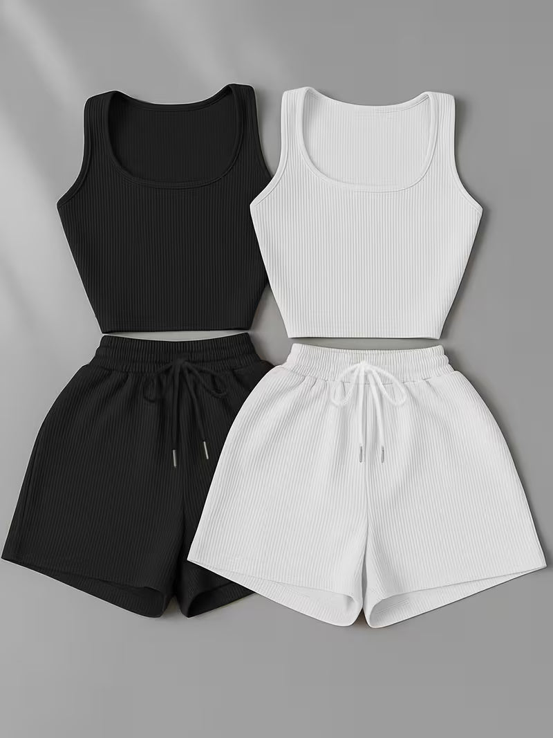 Low-saturation Brown and White Ribbed Sleeveless Crop Top with Drawstring Shorts, Casual 2pcs Set.
