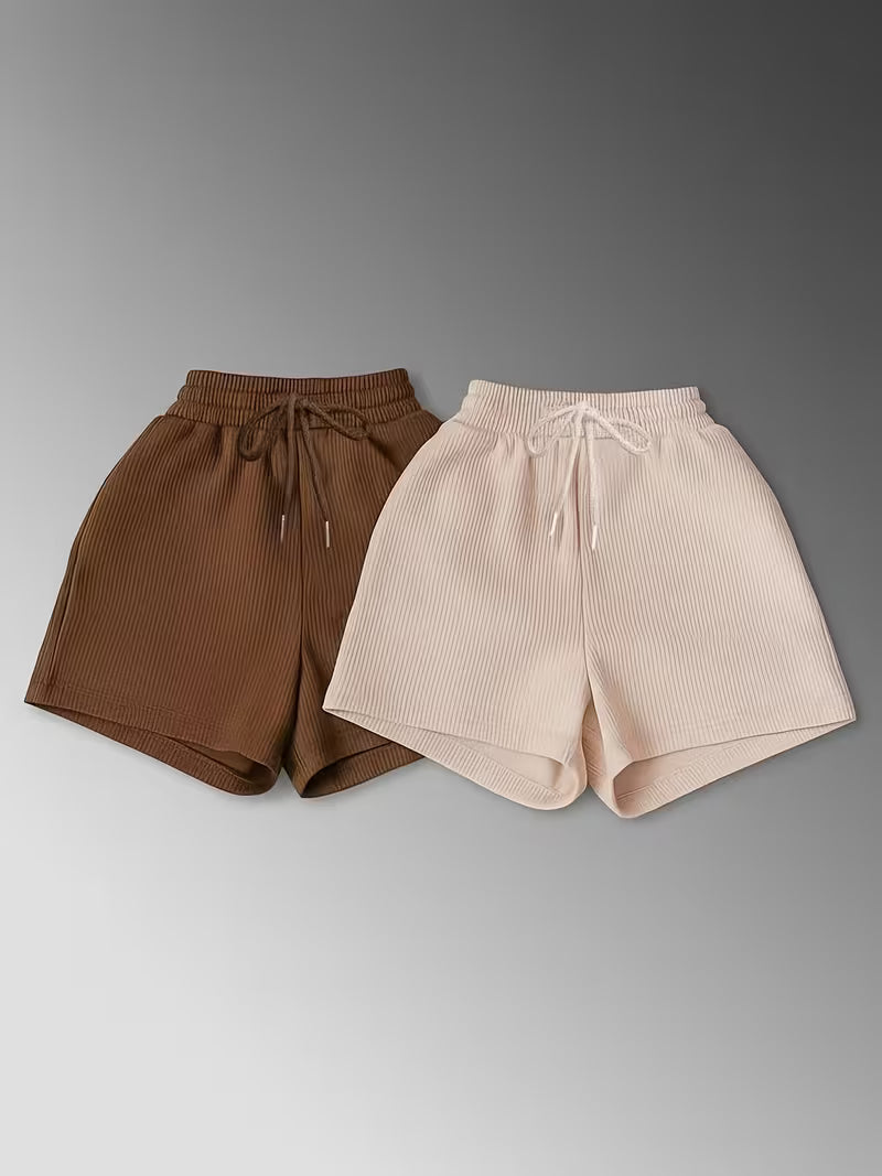 Low-saturation Brown and White Ribbed Sleeveless Crop Top with Drawstring Shorts, Casual 2pcs Set.