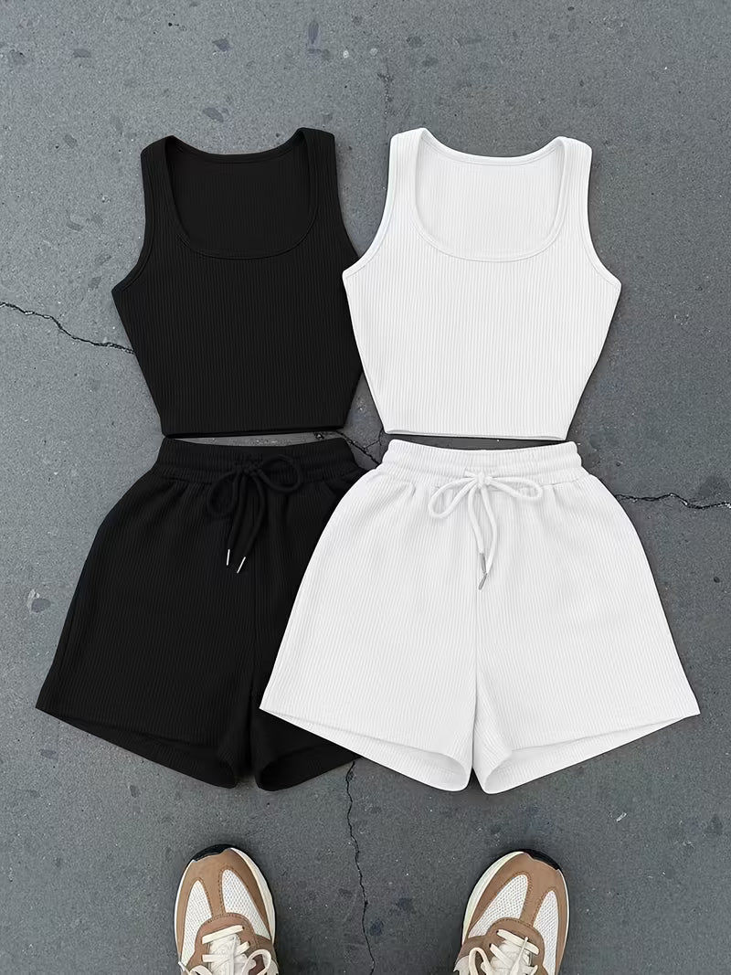 Low-saturation Brown and White Ribbed Sleeveless Crop Top with Drawstring Shorts, Casual 2pcs Set.
