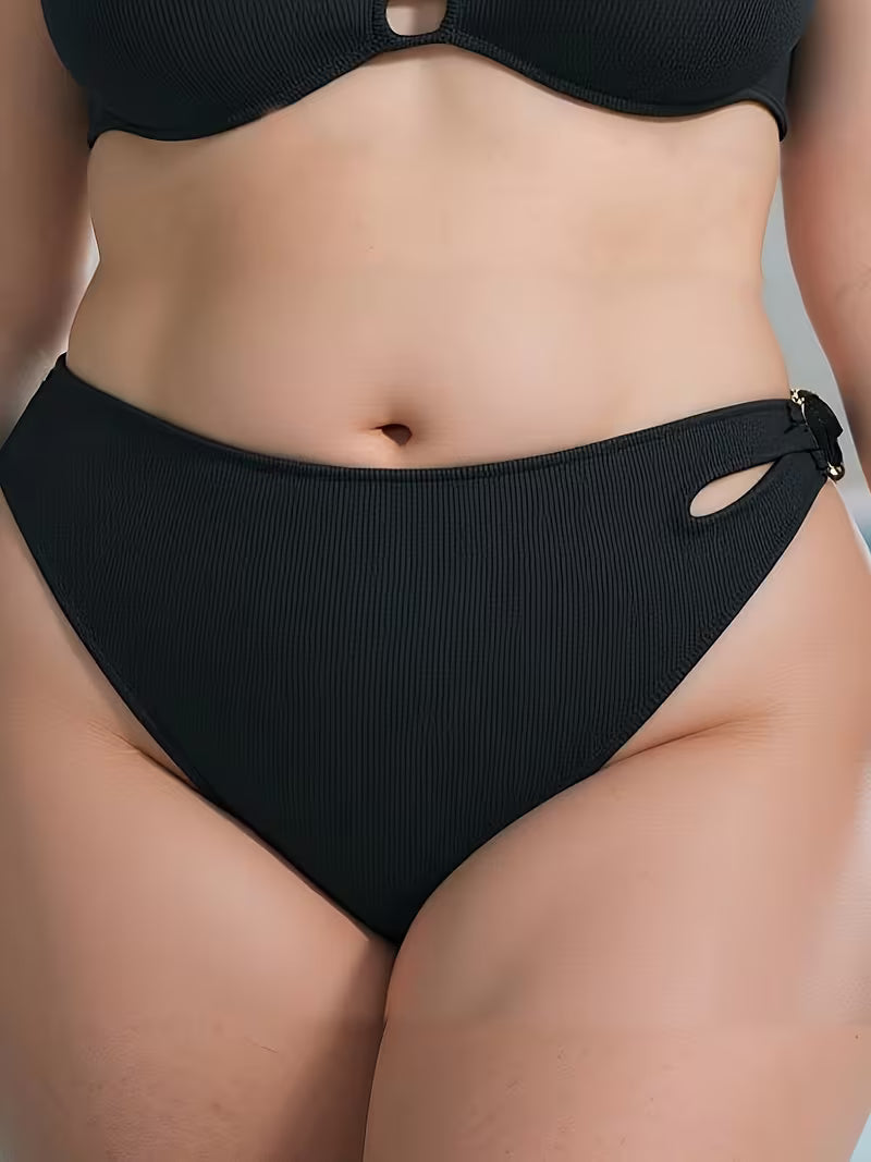 Black Plus-Size High-Waisted Circular Ring Hollow Basic Bikini Bottom for Beach Sunbathing And Pool Use
