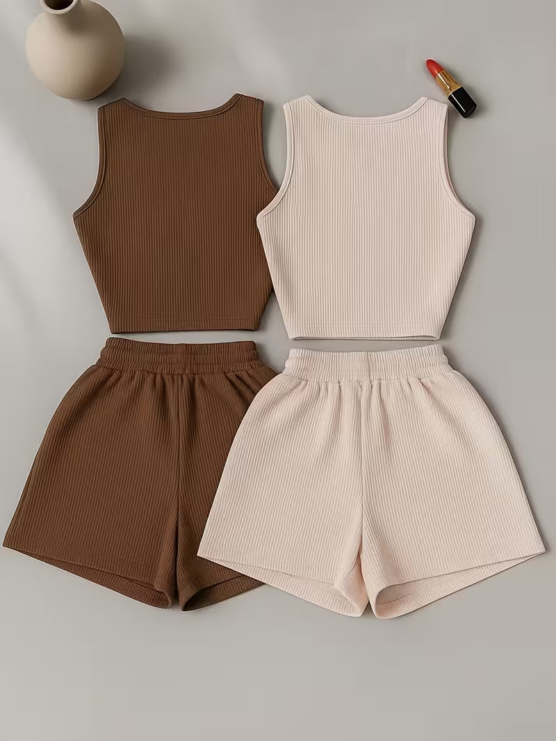 Low-saturation Brown and White Ribbed Sleeveless Crop Top with Drawstring Shorts, Casual 2pcs Set.