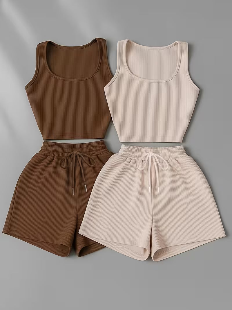 Low-saturation Brown and White Ribbed Sleeveless Crop Top with Drawstring Shorts, Casual 2pcs Set.